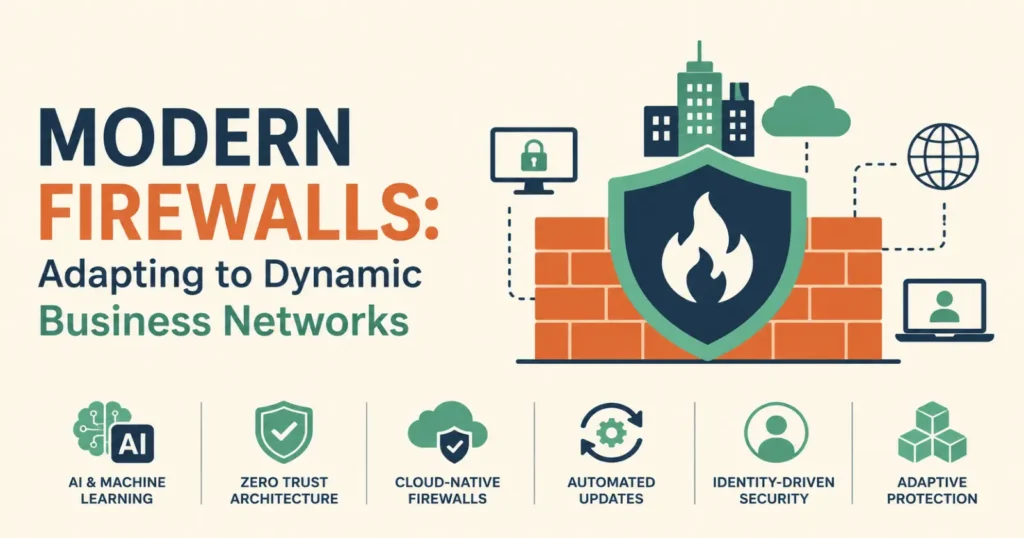 Modern firewalls protecting business networks with AI, Zero Trust architecture, cloud security, and adaptive cybersecurity measures.