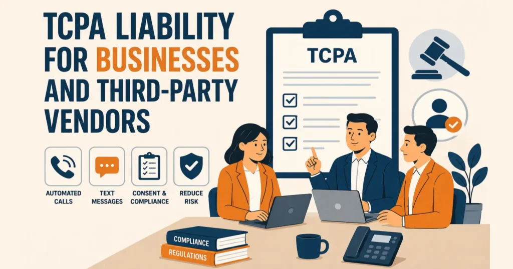 TCPA compliance illustration showing business professionals discussing third-party vendor liability and telemarketing compliance risks